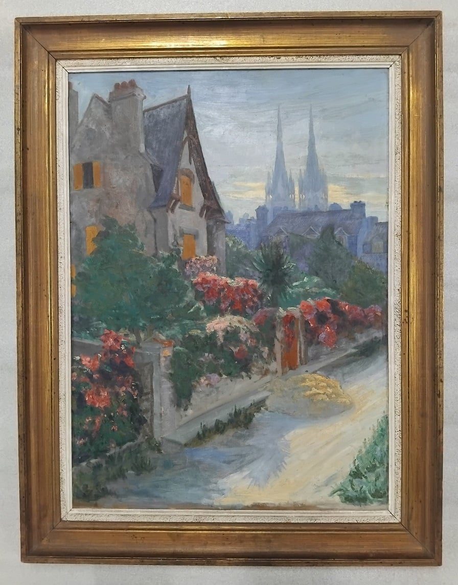 Grand Tableau Huile sur Bois – Maison fleurie et Cathédrale St Corentin