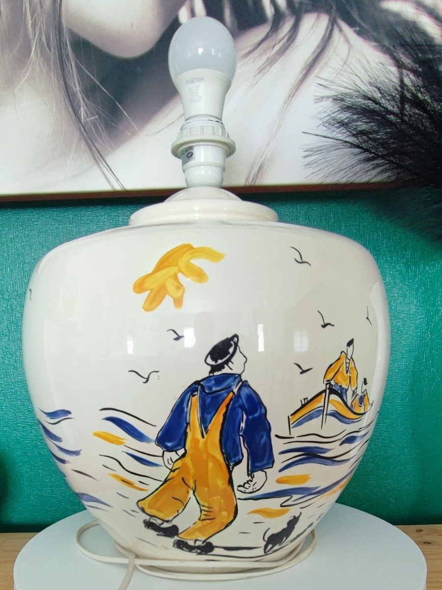 Lampe d'artiste au décor marin , Signée Christian Sanséau