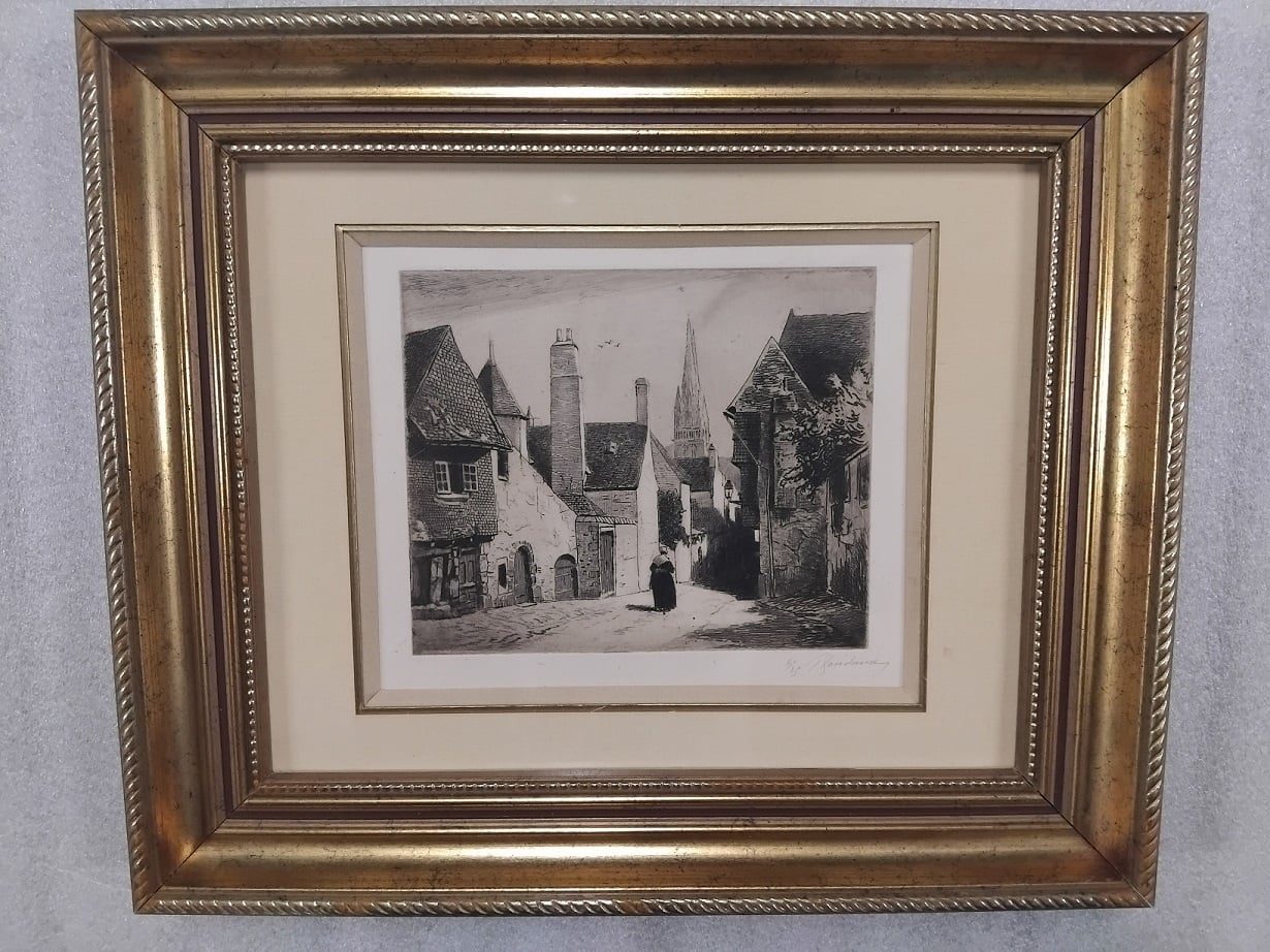 Magnifique gravure originale d'André DES FONTAINES (1869-1910) représentant la rue Élie Fréron à Quimper.