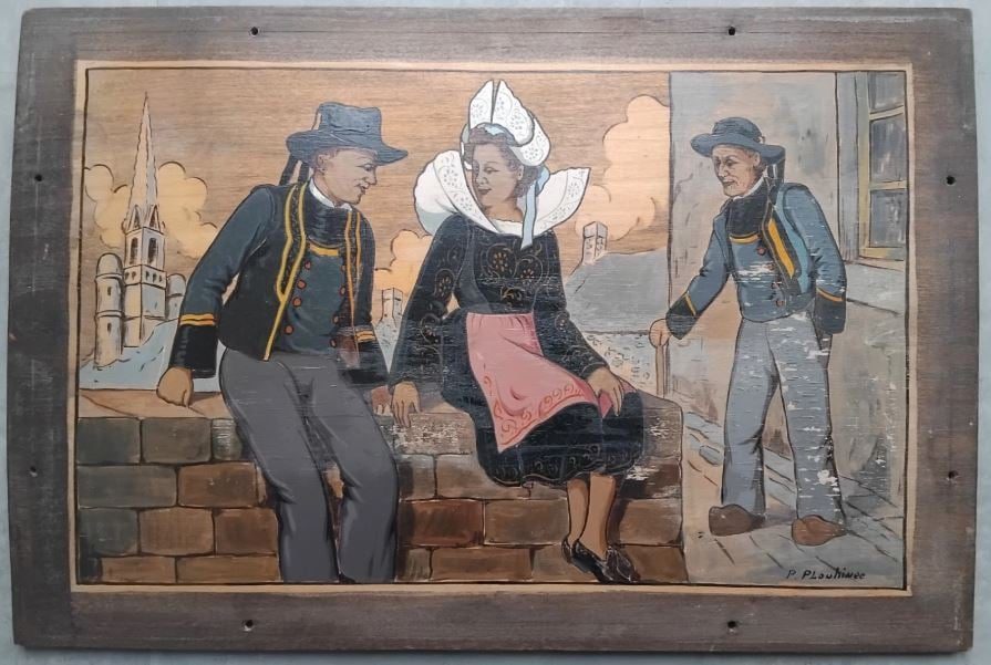 Panneau en Bois Peint – Scène de Flirt Bretonne – Par Pierre PLOUHINEC (1907-1984)