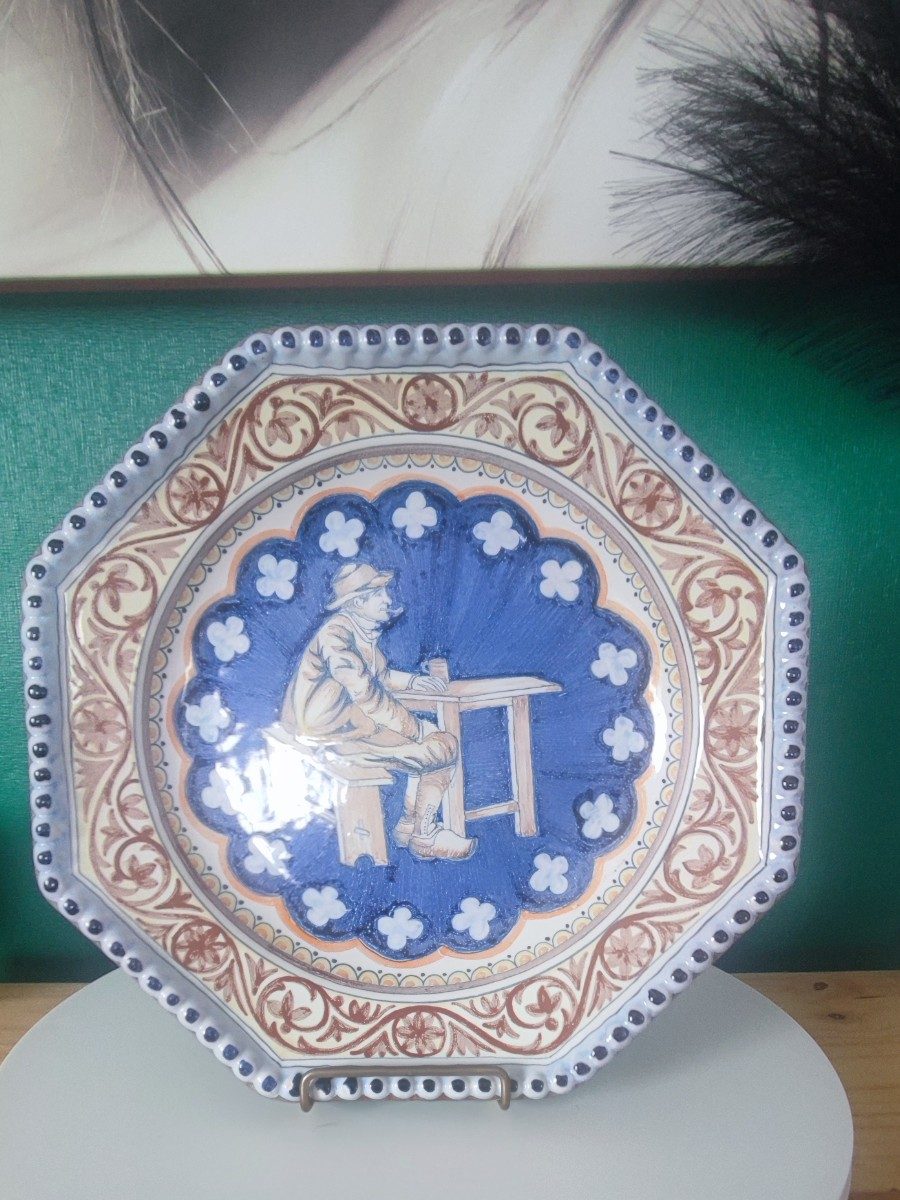 Rare Grand Plat Octogonal Ancien HB Quimper