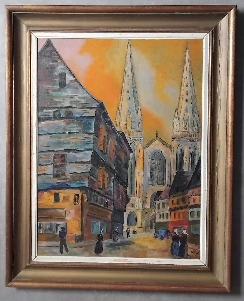 Tableau Huile sur Bois – G. BARBEY (XXe) – Scène de rue à Quimper