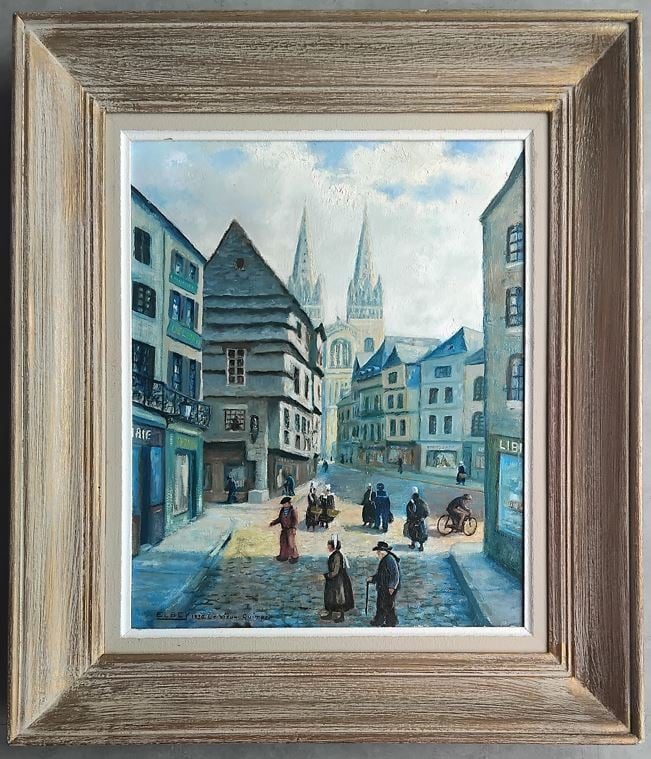 Tableau Huile sur Bois – Signé ELBEY (XXe) – Le vieux Quimper (1930)