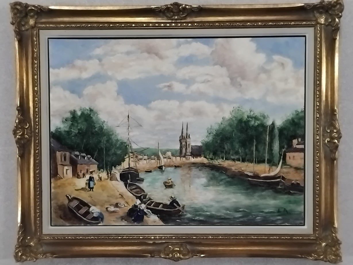 Tableau Huile sur Carton Entoilé – Signé L.A. – Copie d'Eugène BOUDIN : Le port de Quimper
