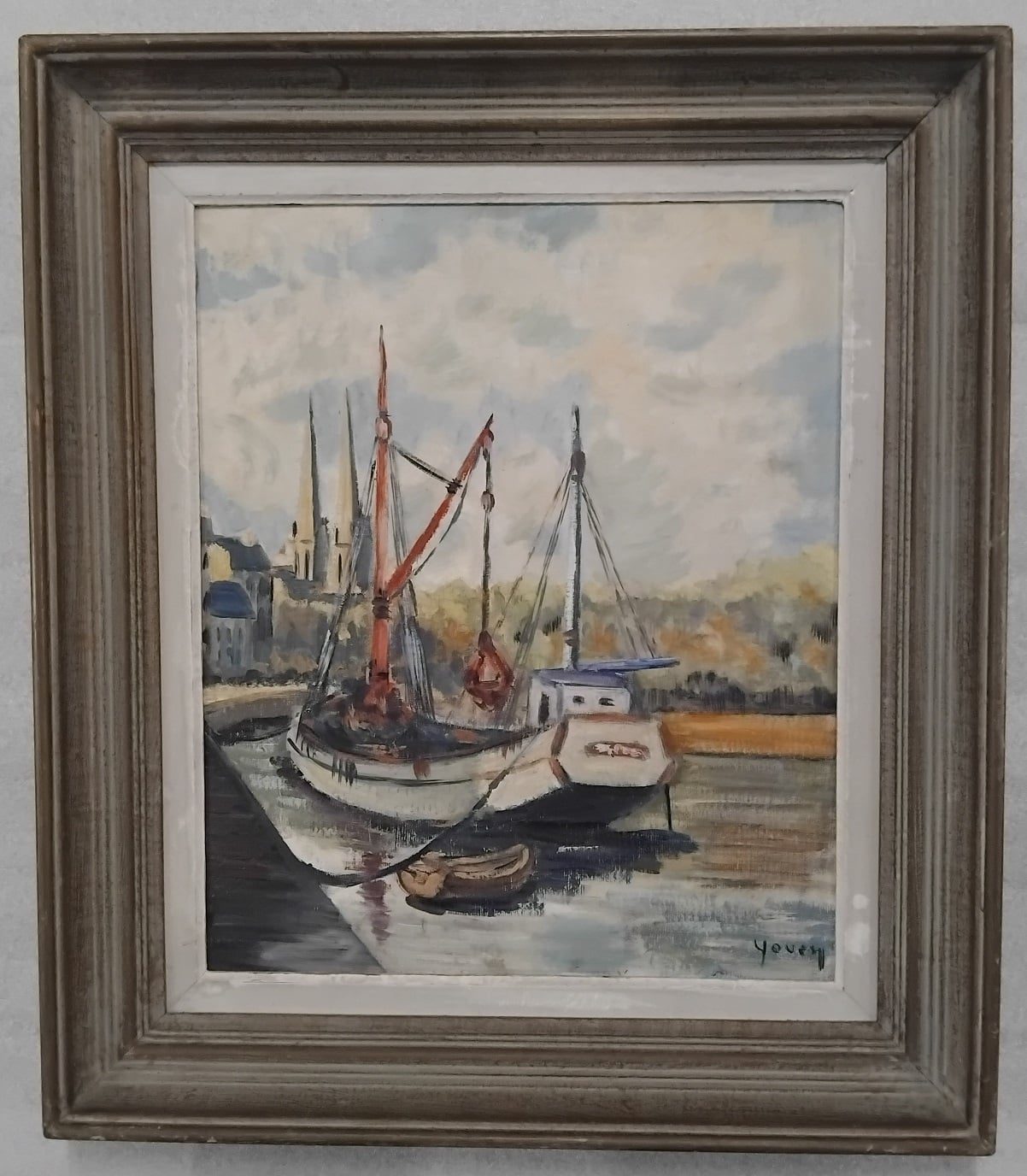 Tableau Huile sur Carton – Yves-Alain PLEUVEN, dit Youen (1929-2015) – Bateau amarré sur l'Odet