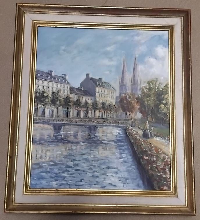 Tableau Huile sur Toile – Anonyme – Promenade au niveau du pont pissette à Quimper