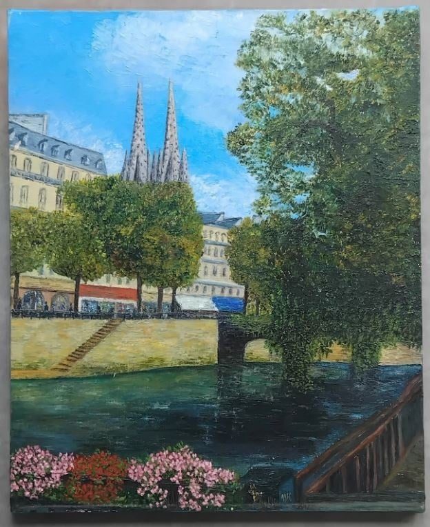 Tableau Huile sur Toile – Les quais de l'Odet et la Cathédrale à Quimper – Signée CHAFFIE 1996
